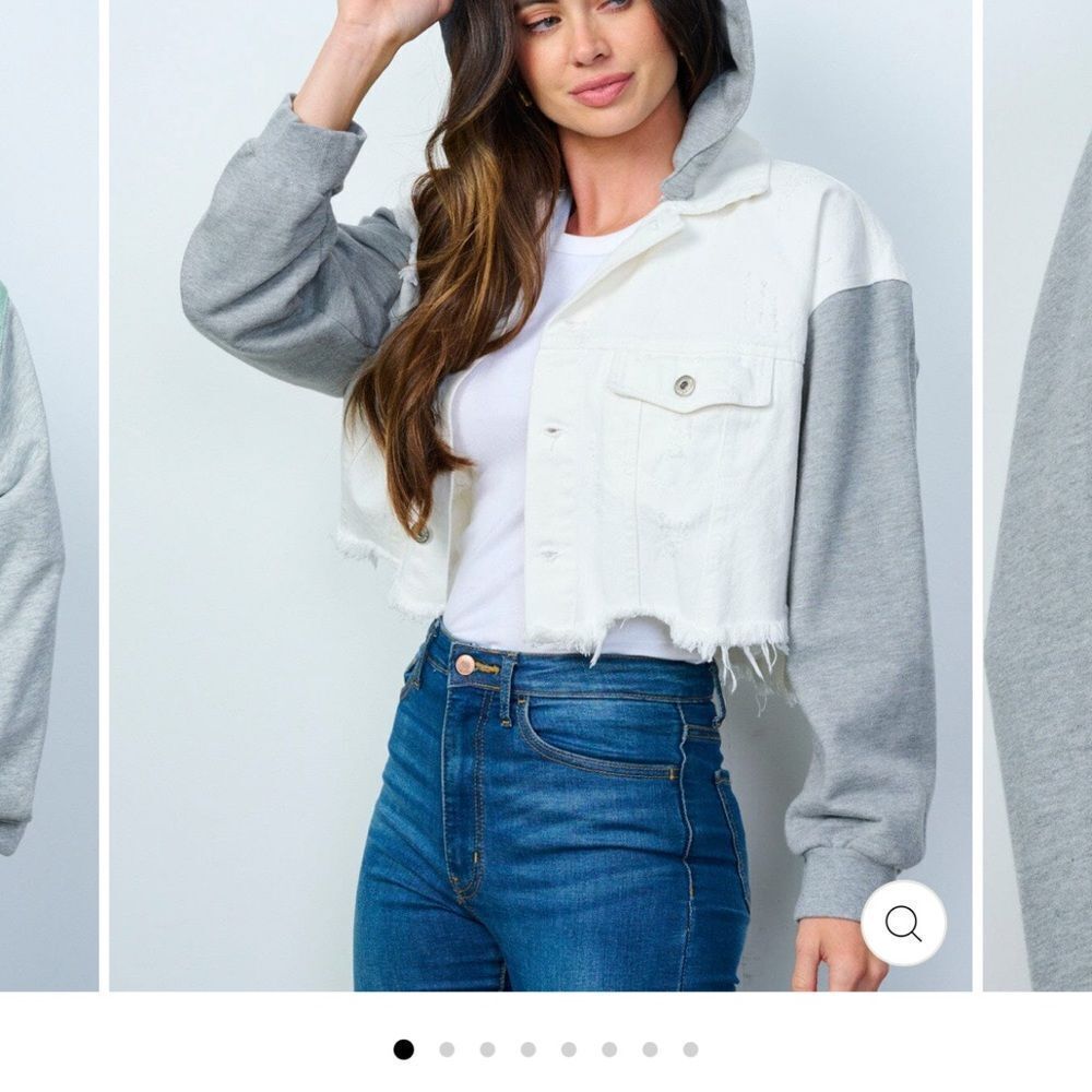NWOT Dance & Marvel White Gray, Raw Hem, Crop Detachable Hoodie, Denim Jacket, - Picture 4 of 15